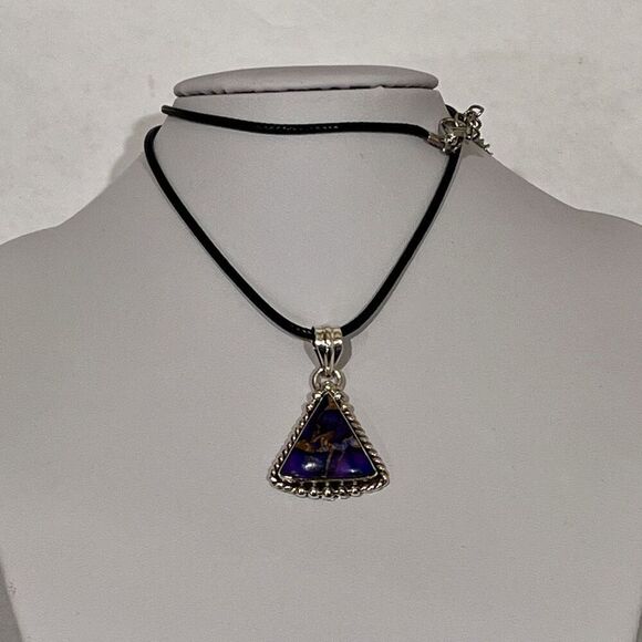 Southwestern Purple Copper Dahlia Turquoise Triangle Pendant Sterling Silver - Picture 3 of 4